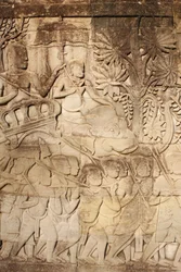 Elefantes e guerreirosCultura de Crença na Galeria East Outer em Bayon, Siem Reap, Camboja