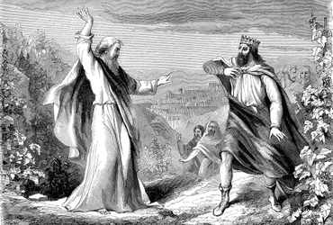 Elias, profeta do Antigo Testamento. denunciando Acabe, rei idólatra de Israel, na vinha de Nabote