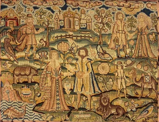 Painel bordado mostrando pessoas, flores, insetos, peixes e animais, século XVII