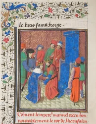 O imperador Manuel I Komnenos se encontra com o rei Amalric I de Jerusalém. Miniatura da História de William of Tyre, 1460s
