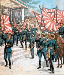 Imperador do Japão apresentando cores aos regimentos japoneses, 1904
