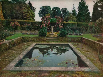 Jardim fechado e piscina de lírios em Gatton Park, Surrey, 1914