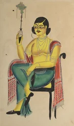 Balconista indiano nativo de Babu inglês segurando um cachimbo de água, de 1800.