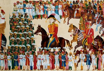 Grandee inglês da Companhia das Índias Orientais cavalgando em uma procissão indiana, 1825-1830