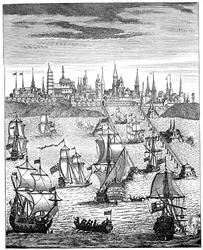 Esquadrão inglês carregando tropas para tomar posse de Dunquerque, 1708, 1894