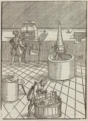 Equipamento e análise de minérios de ouro e prata - Gravura a partir da descrição dos minérios e principais métodos de mineração, por Lazarus Ecker