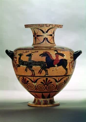 Etrusco-Ionian black-figure hydria retratando uma cena de caça, de Cerveteri, c.540-530 BC (cerâmica)