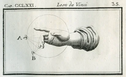 Etude sobre a percepção dos dedos de uma mão em movimento. Gravura de "Treat of Painting" de Leonardo da Vinci (Leonard de Vinci) (1452-1519). "Tratado de Pintura de Lionardo da Vinci", Milão, Casa da Impressão.