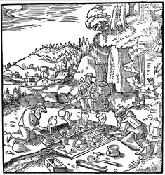 Potes de evaporação de salmoura em uma fonte termal natural para obter sal, 1556