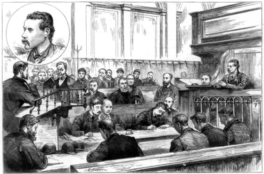 Exame de John F Egan na corte da polícia de Birmingham, o enredo de dinamite, 1884
