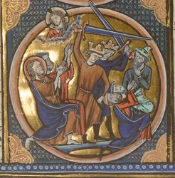 Execução de judeus. Miniatura de Emblemas Bíblicos, ca 1220-1230.