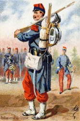 F: Infantaria de linha. Gravura em "Alfabeto Militar" . Iniciais do Ilustrador: A. D. Editora desconhecida. Cromolitógrafos do final do século XIX. Dim: 10,5x7cm .
