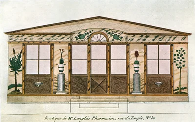 Pintura da fachada da Langlois Apothecarys Shop, Paris, França, 1928.