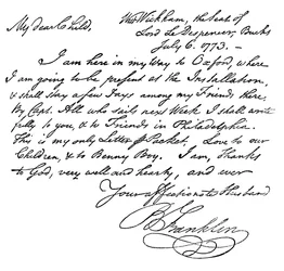 Fac-símile de uma carta de Benjamin Franklin para sua esposa, 1773 c1880