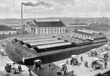 Fábrica para fabricação, recarga e manutenção de táxis elétricos, Aubervilliers, França, 1899