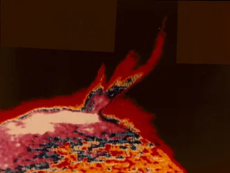 Imagem de cores falsas de uma explosão solar da Skylab, 1973