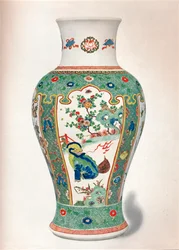 Vaso Famille Verte, com quatro painéis verticais pintados com pedras e plantas com flores, dois monstros,