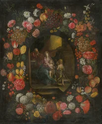 Família em uma guirlanda de flores e frutas