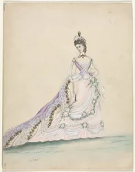Estudo de moda projetado para Worth, 1870.