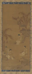 Músicos femininos em um jardim sob palmeiras de bananeira, dinastia Ming, 1368-1644.