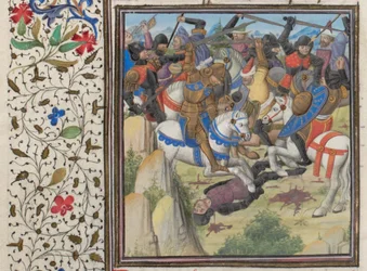 Luta entre cristãos e sarracenos sob Saladino. Miniatura da História de William of Tyre, 1460s