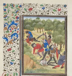 Lute em um bosque entre cristãos e sarracenos. Miniatura da História de William of Tyre, 1460s