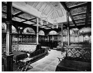 Sala para fumantes de primeira classe a bordo do navio a vapor P&O SS India, 1901