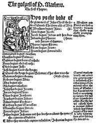 Primeira página do Evangelho de São Mateus de William Tyndales English New Testament, 1525