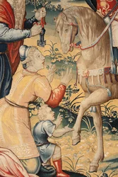 Tapeçaria flamenga. Série A História de Hannibal. Hannibal na Itália (Aníbal en Italia). Terceira tapeçaria das que se conservam. Modelos Anónimos mestre dos Países Baixos. Fabrico de oficinas em Bruxelas. Ca 1570. Tecido de lã e seda. 6,5/7 urdiduras por 
