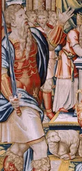 Tapeçaria flamenga. Série A História de Hannibal. Juramento de Hannibal. A primeira tapeçaria da série. Desenhos animados mestre anónimo da Holanda. Fabrico de oficinas em Bruxelas. Ca 1570. Lã e seda de tecido, 6,5/7 urdiduras por cm. Tamanho 34.