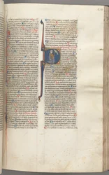 Fol. 218r, Salmo 26, historiada inicial D, Davi ajoelhado apontando para os olhos, o busto de Deus ...,