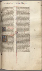 Fol. 251 r, Sabedoria, D inicial historiada, Salomão instruindo um soldado, c. 1275-1300.