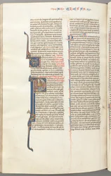 Fol. 454v, Tessalonicenses I, historiador P inicial, Paulo sentado com uma espada e um livro ..., c. 1275-13
