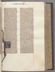 Fol. 86r, Juízes, historiador inicial R, Judá sentado com um livro conversando com Deus, c. 1275-1300.