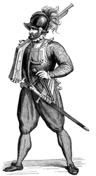 Soldado de infantaria carregando um harquebus, 1590