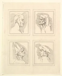 Quatro cabeças de Characaturas de Leonardo da Vinci, de Desenhos de Wincelslaus Hollar, o ..., 1786.