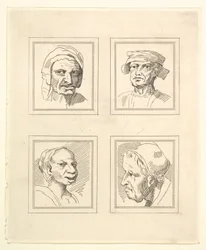 Quatro cabeças de Characaturas de Leonardo da Vinci, de Desenhos de Wincelslaus Hollar, o ..., 1786.