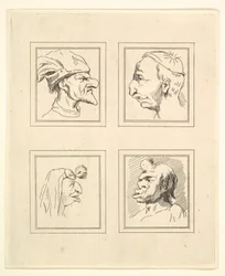 Quatro cabeças de Characaturas de Leonardo da Vinci, de Desenhos de Wincelslaus Hollar, o ..., 1786.