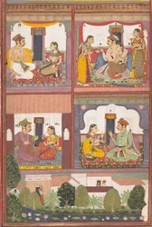 Quatro cenas de amor e uma paisagem: Página de um Raskapriya Disperso, ca. 1700