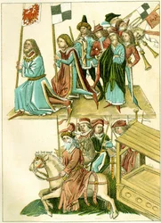 Frederick I recebe uma cópia de uma ilustração de Brandenburg da crônica ilustrada Richentals, c. 1440