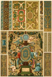Pintura mural renascentista francesa, escultura pintada policromada, tecelagem e capas de livros, 1898.
