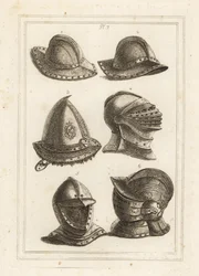 Capacete de ferro francês 1,2, capacete de aço gravado do século XVI 3, capacete grande e brilhante 4, capacete aberto 5, capacete ornamentado com viseira 6