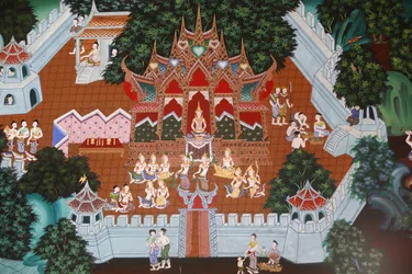 Fresco em Wat Ampharam, Hua Hin, Tailândia. Temiya Jataka, também chamado Muga-Pakkha Jataka, uma das antigas vidas do Buda.