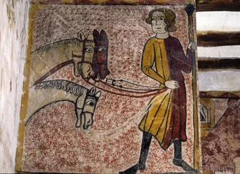 Fresco da Torre Ferrande em Pernes-les-Fontaines (Pernes les Fontaines, Vaucluse (84) do século XIII: Um Palefrenier segurando as rainhas de três cavalos.