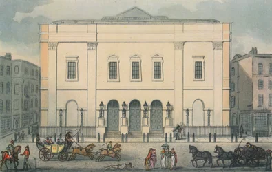 Vista frontal do Theatre Royal, Drury Lane, Westminster, Londres, 1812