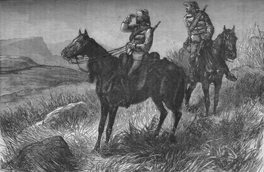 Frontier Light Horse, em Vedette Duty, descobrindo Zulus perto de Woods Camp, em Kambula Hill, c1880