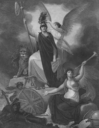 Frontispício - Britannia segurando o Tridente de Netuno, encimado pelo Cap da Liberdade e pela coroa