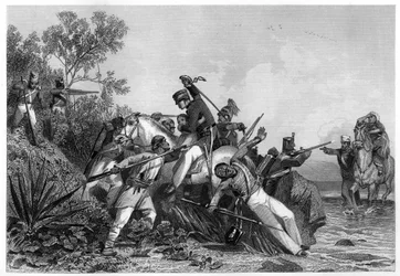 Oficiais britânicos fugitivos e suas famílias atacados por amotinados, 1857, c1860