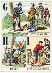 GHI: Gendarmerie, Halte, Inventory of the game bag - The Hunting Alphabet, c.1890 (gravura)