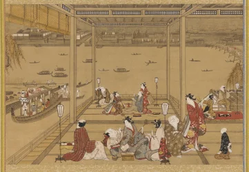 Alegria numa casa de chá ribeirinha, período Edo, século XVIII.